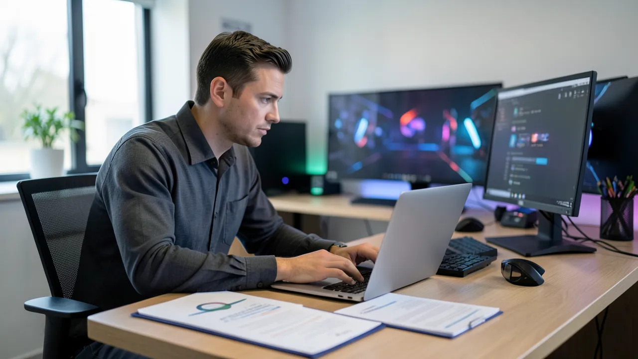 Ein fokussierter Mensch sitzt an einem aufgeräumten Schreibtisch in einem modernen Büro und arbeitet am Laptop, mit weichem Licht und geringer Tiefenschärfe.